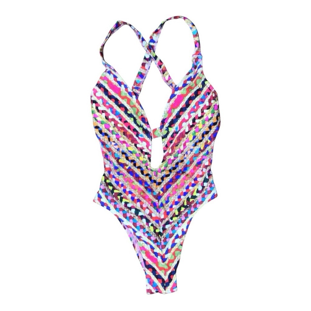 Sam Edelman Red and Pink One Piece Swim Suit with Chevron Pattern size XS